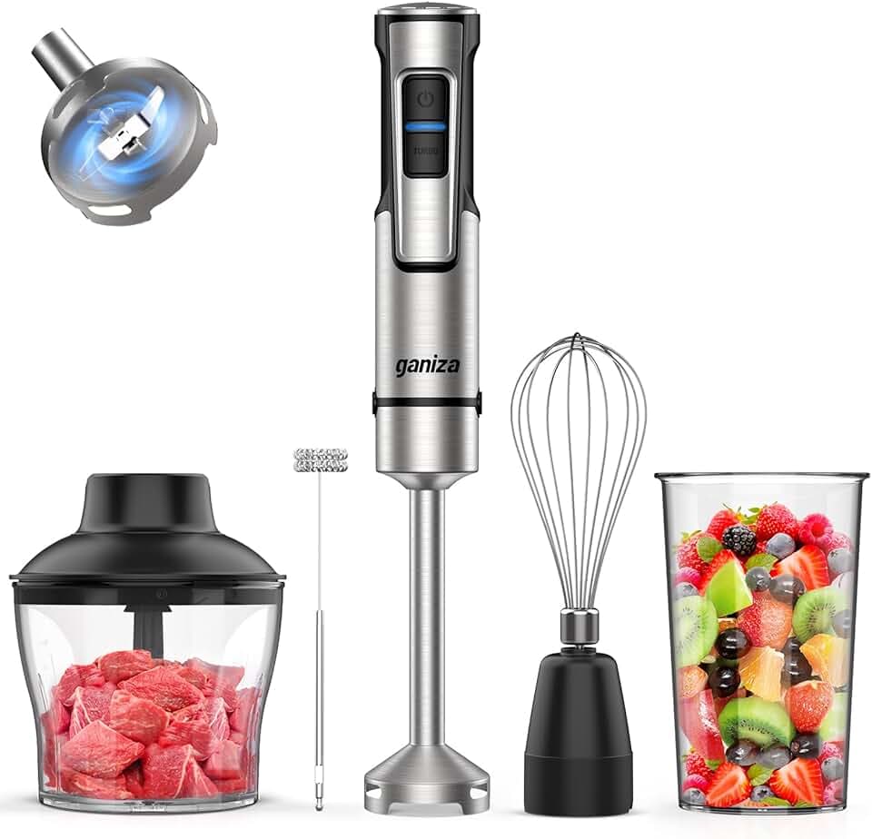 Ganiza Mixeur Plongeant 5-en-1, Mixeur Plongeur 1200W en Acier Inoxydable, Vitesse Réglable& Modes Turbo, avec Hachoir de 600ml, Fouet, et Verre Doseur 800ml, Idéal pour Soupes, Smoothies