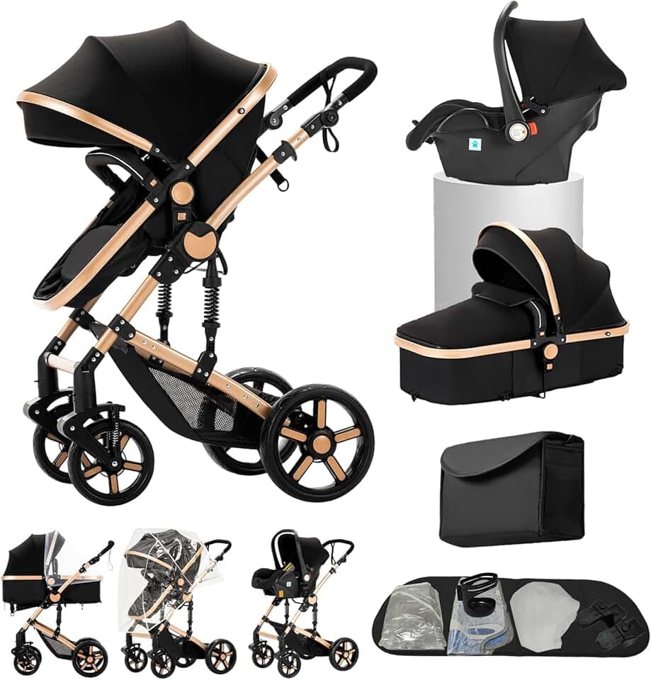 Poussette 3 en 1, poussette bidirectionnelle, nacelle cosy et capote inclus, pour naissance bébés de 0 a 3 ans (Noir-Or)