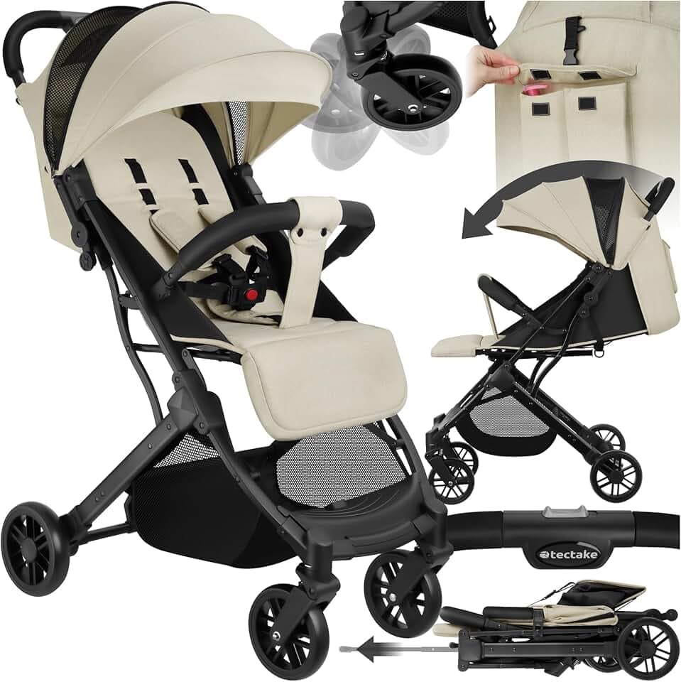 tectake® Poussette compacte 0-36 mois Pliable avec Panier de rangement Dossier inclinable Harnais 5 points Protection Anti-UV, Poussette voyage Accessoires Bébé Nouveau né Enfant Baby stroller