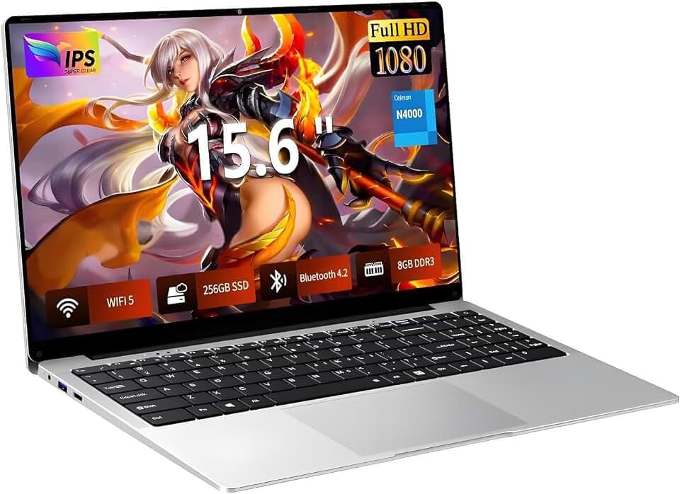 Ordinateur Portable 15,6", PC Portable Win 11 Pro, Processeur Celeron N4000, FHD 1920×1080, Laptop 8Go RAM 256Go SSD, WiFi 5 Bi-Bande, Bluetooth 4.2, Webcam Intégrée, Ports USB et Mini HDMI