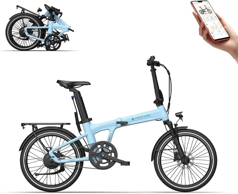 ADO Air20 Vélo électrique Pliant, 20 Pouces Ebike, Léger 17.5 kg, avce Batterie Amovible 36 V/9,6 Ah, Entraînement par Courroie, Capteur de Couple, Applications Intelligentes, Portée de 100 km