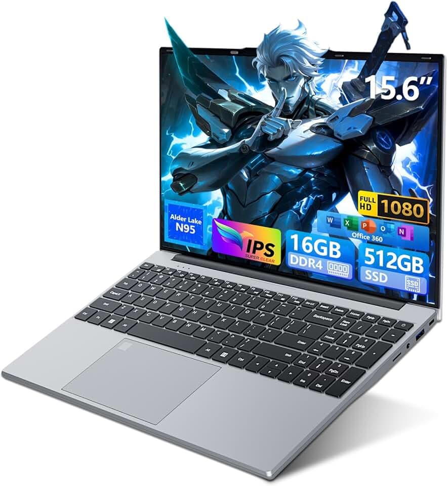 Ordinateur Portable 15,6 Pouces avec Office 365, 16Go RAM 512Go SSD Celeron N95, PC Portable 1920 * 1080 FHD WiFi5, Ordinateur Portable Win 11 Pro avec Touch ID Clavier rétroéclairé Laptop