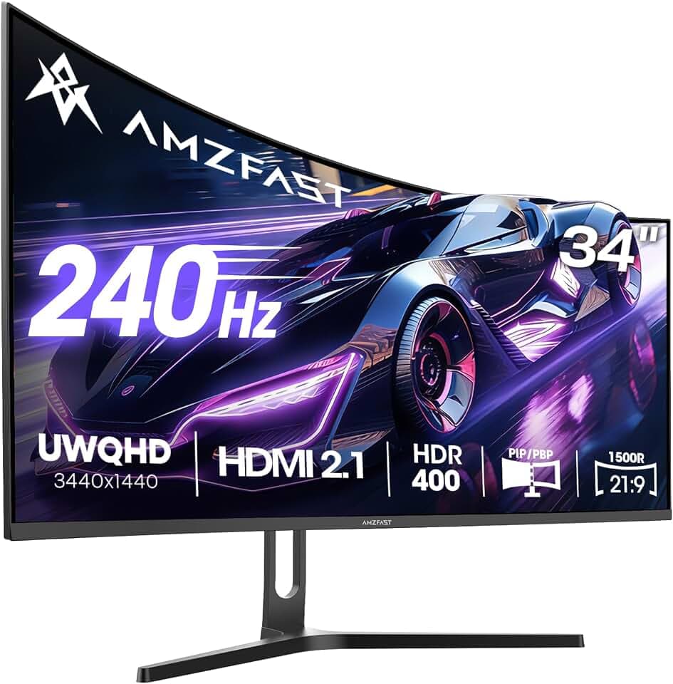 Amzfast Écran PC Gamer 34 Pouces 240Hz/UWQHD Moniteur Incurvé 3440x1440 (21:9), 450 nits, Eyes Care, sRGB 130%, Adaptive Sync, HDR400, HDMI 2.1x2, DP 1.4x2, VESA 75x75, PIP/PBP, AMZG34C5QPro