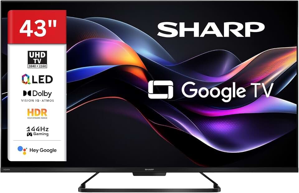 Sharp 43HR7765E Téléviseur QLED 43" Google TV – Smart TV 4K UHD avec HDR Dolby Vision IQ, 144 Hz VRR Gaming, Dolby Atmos, AQUOS Wireless Surround, Google Assistant et Triple Tuner (2026)