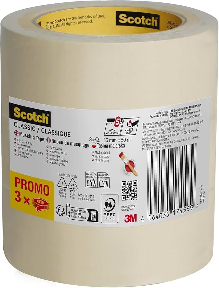 Scotch Ruban de Masquage Classique, Pack Promo de 3 Rouleaux, 36 mm x 50 m, Beige - Pour Peinture et Décoration Intérieure, 70% PEFC