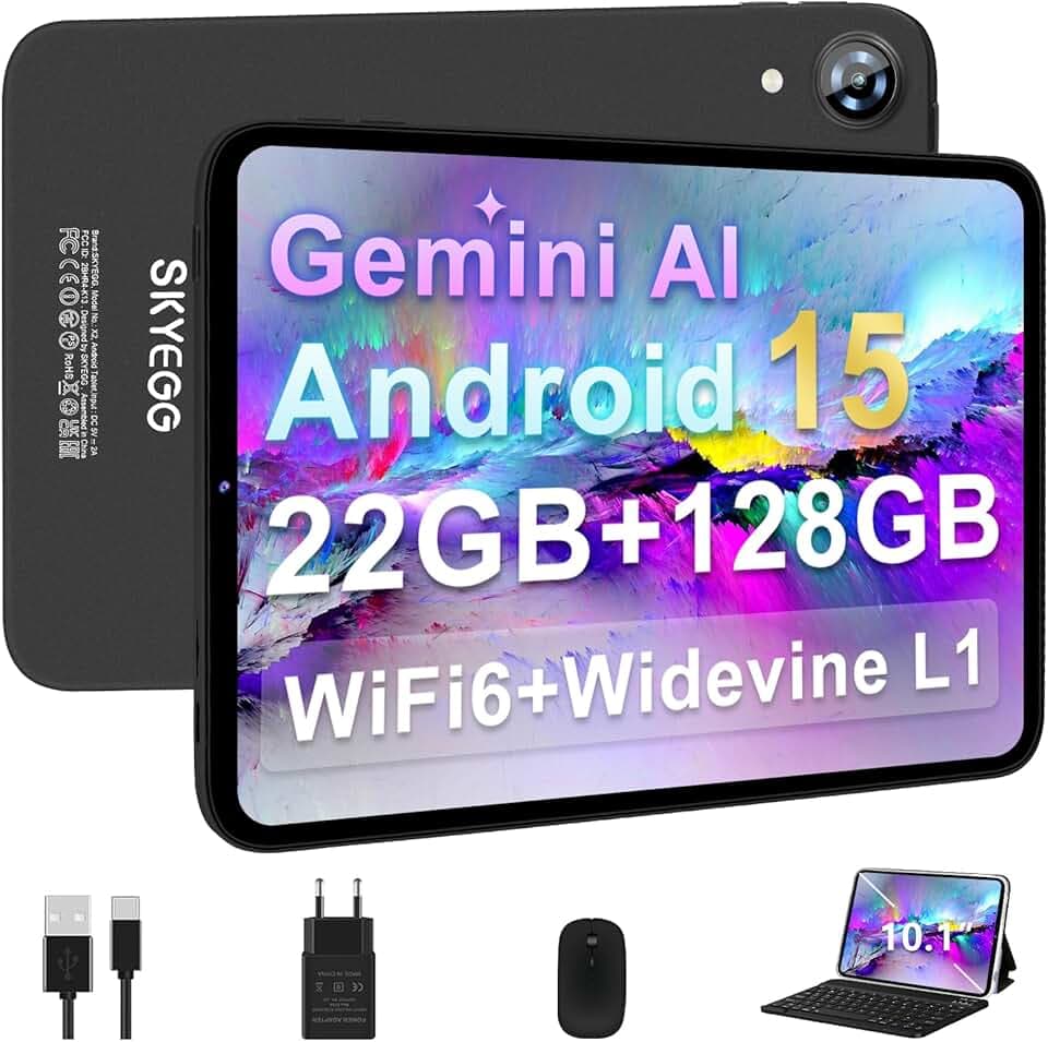Tablette 10 Pouces Android 15 avec Gemini AI, 22Go RAM+ 128Go ROM(Extension de 2To), Octa-Core, WiFi 6, BT 5.0, Widevine L1, 6000 mAh, Corps métallique, Tablette Tactile avec Clavier et Souris, Gris