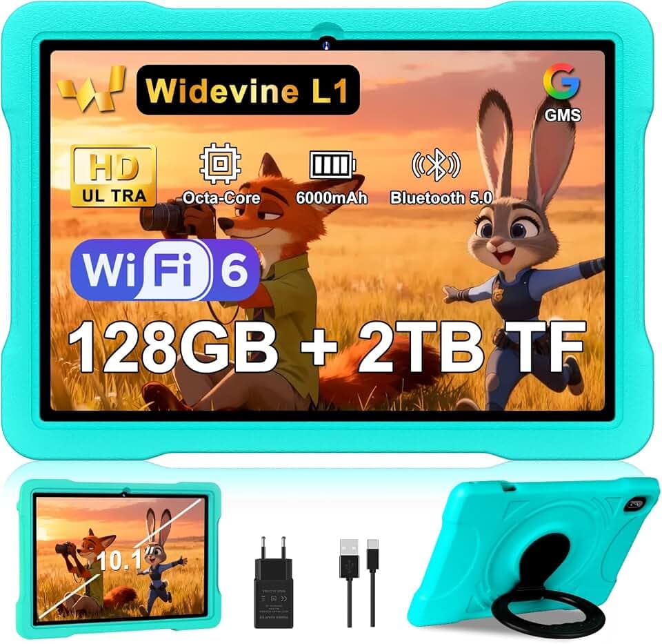 Tablette Android avec 20Go RAM+128Go ROM(TF/1To),Tablettes 10 Pouces avec Octa-Core, 6000mAh, 5G/2.4G WiFi 6, Widevine L1, GMS, 5MP+8MP, 1280 * 800, Bluetooth 5.0, Tablette Tactile avec EVA Cas-Vert