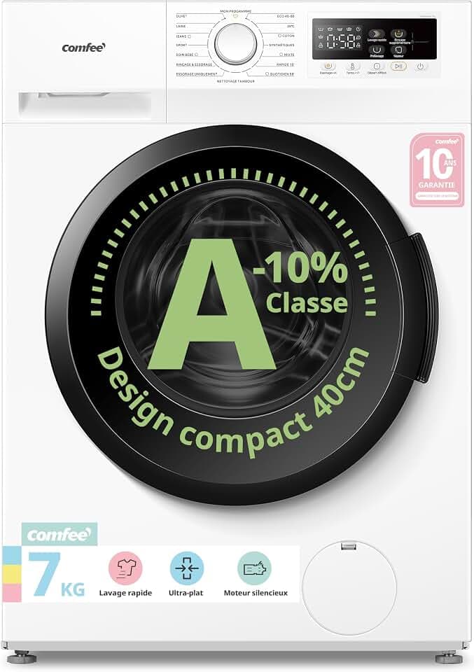 COMFEE' Machine a Laver 7KG Ultra Slim 40cm Classe A-10% 1200RPM CFP01EW70W | 16 Programmes, Woolmark, Rapide 15'/59', Nettoyage du tambour, Lavage à la vapeur, Lavage à froid, Soins pour bébé