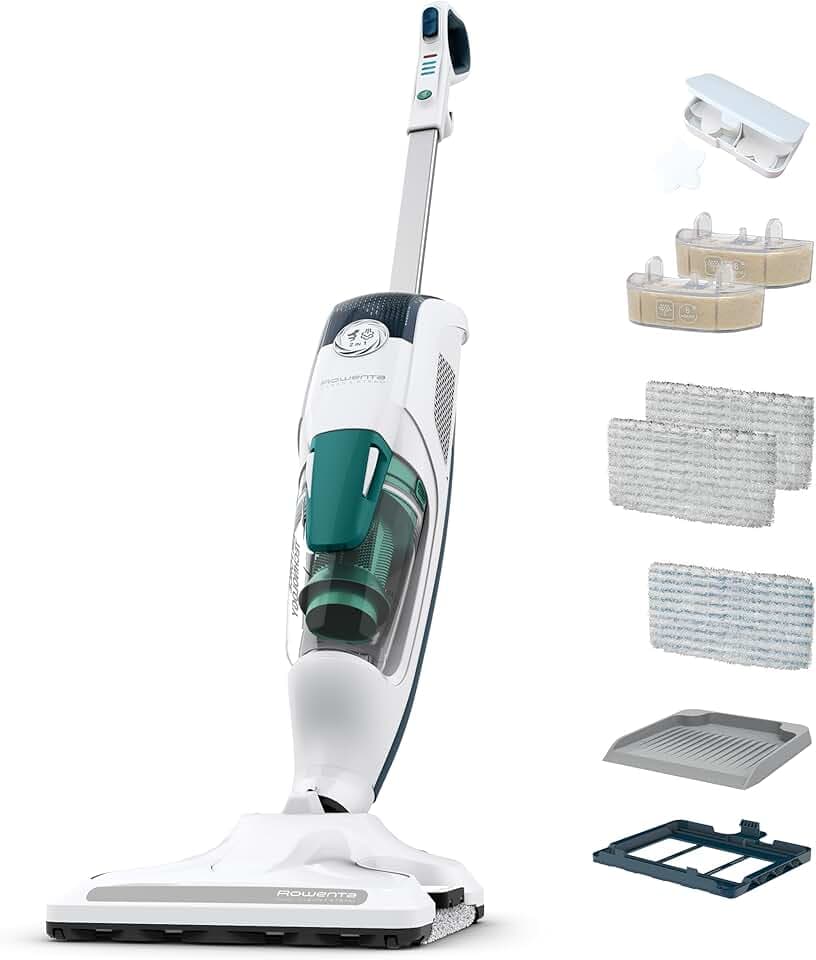Rowenta Nettoyeur vapeur 2-en-1, Aspire et lave simultanément, Elimine 99,9 des bactéries, Pour tous les sols, Sans détergent, Diffuseur d’huiles essentielles, Clean et Steam Revolution RY7757WH