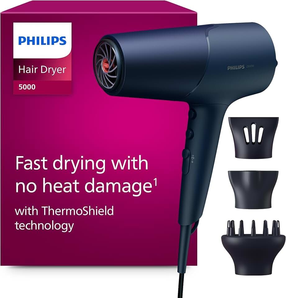 Philips 5000 Series - sèche-cheveux, technologie ThermoShield, ionique, 2 300 W, bleu métallique, avec concentrateur de 9 mm et 11 mm, diffuseur de volume, BHD510/20