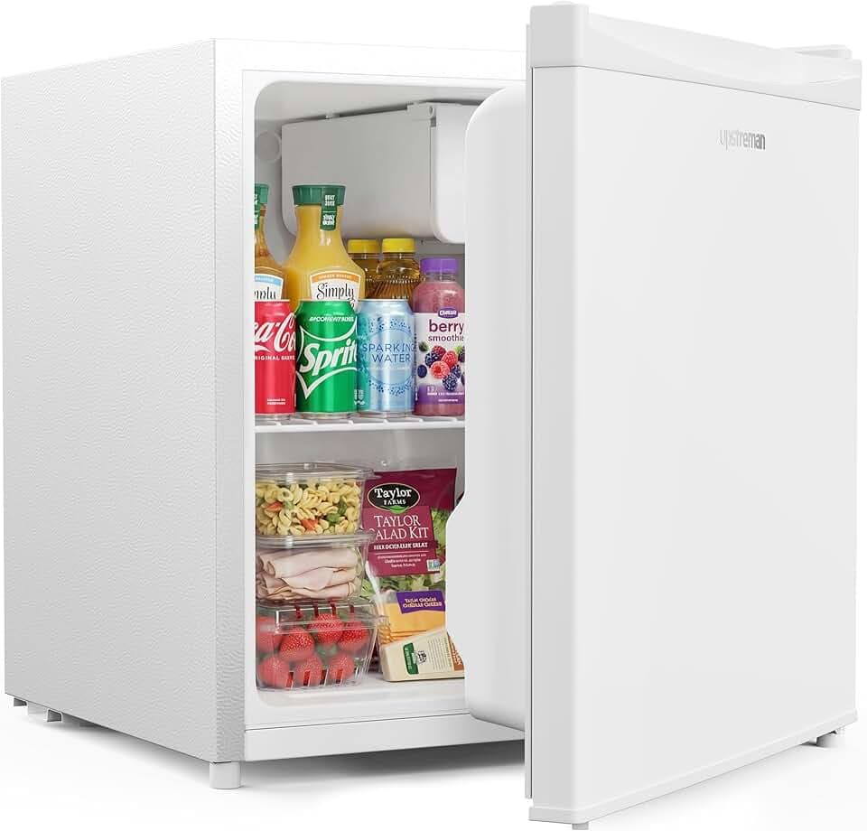 Upstreman Mini Réfrigérateur 46L, Mini Frigo avec Congélateur, Thermostat Réglable, Économie d'Énergie, Silencieux, Porte Réversible, Idéal Chambre, Bureau, Dortoir, Hôtel, Blanc-FR17
