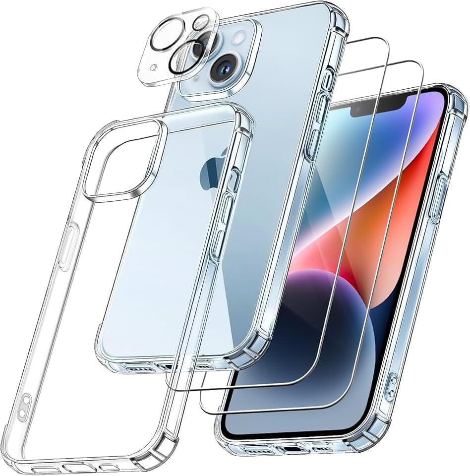 FLLAO 4 en 1 Coque pour iPhone 14 avec 2 Verre Trempé et 1 Caméra Protecteur, [Coussin d'air Intégré] Antichoc Antirayures Bumper Protection Housse pour iPhone 14 6.1", Transparent Global Recycled Standard