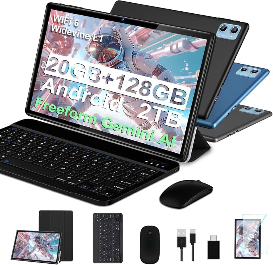 2026 Tablette 10 Pouces Android Octa Core avec 20Go RAM + 128Go ROM (2To TF) | 5G + 2.4G WiFi | FHD | GMS | Bluetooth 5.0 | 8MP + 5MP | Type C, Tablette Tactile avec étui, Clavier et Souris -Noir