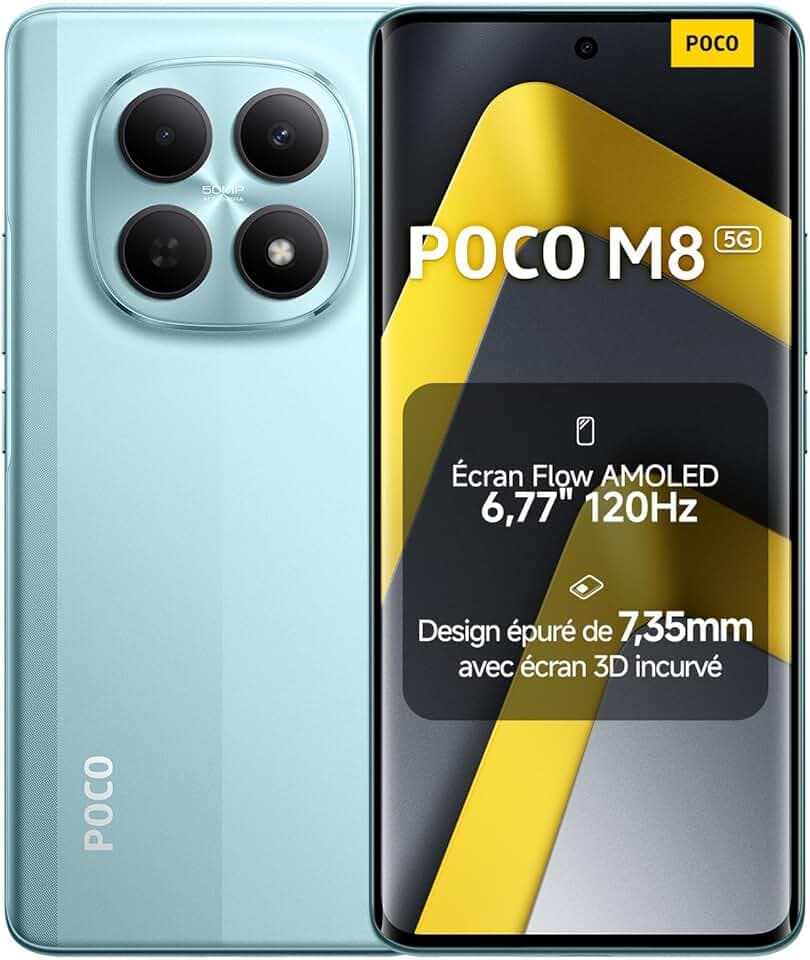 XIAOMI POCO M8 Smartphone 8+256 Go Snapdragon® 6 Gen 3 - Vert | Écran AMOLED Flow 120Hz de 6,77", double caméra IA 50 Mpx, design 3D incurvé 7,35mm, 2 ans de garantie, chargeur non inclus