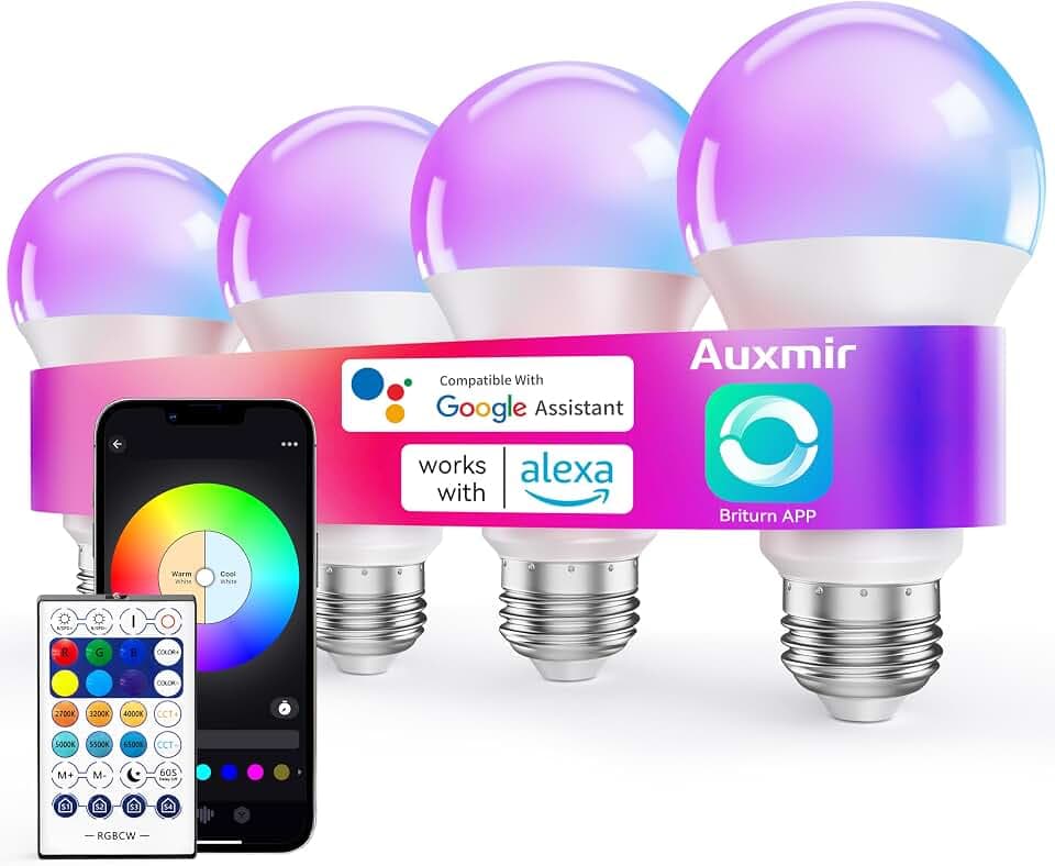 Auxmir Ampoule Connectée WiFi, Ampoule LED Intelligente E27 Multicolore 2700K-6500K 10W 800LM, Compatible Alexa/Google Home, 16 Millions Couleurs Dimmable, Commande Vocale, Economie d’énergie-4pack