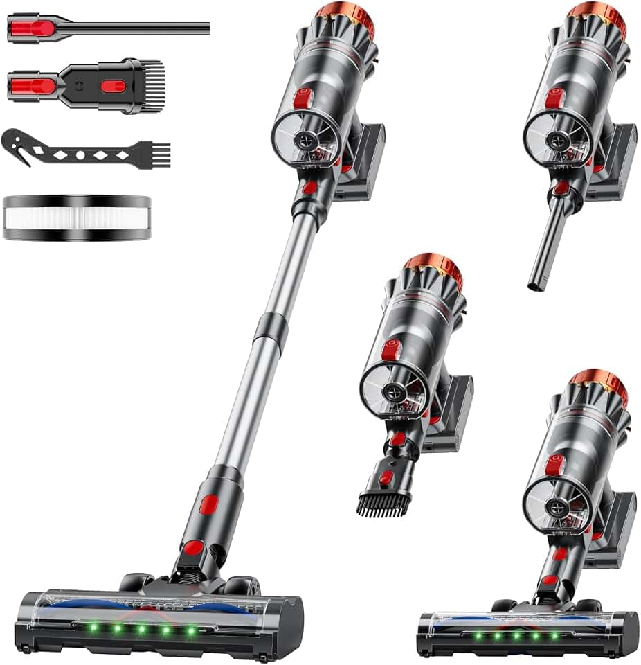 Aspirateur Balai sans Fil, 550W/75kPa, Autonomie 70 Min, Aspirateur à Main sans Sac, Position Verticale, LED Verte, Brosse Anti-Emmêlement, Filtre HEPA Lavable, Collecteur 1,6 L