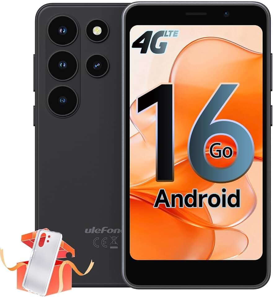 Ulefone Note 22 Mini Smartphone, 20Go+32Go/TF-2TB, Android 16 Go Téléphone Portable, 5.0" Octa Core, 3000mAh Batterie Amovible, 3 Emplacements pour Cartes 4G Dual SIM/WiFi/Face ID/GPS/OTG/FM Noir
