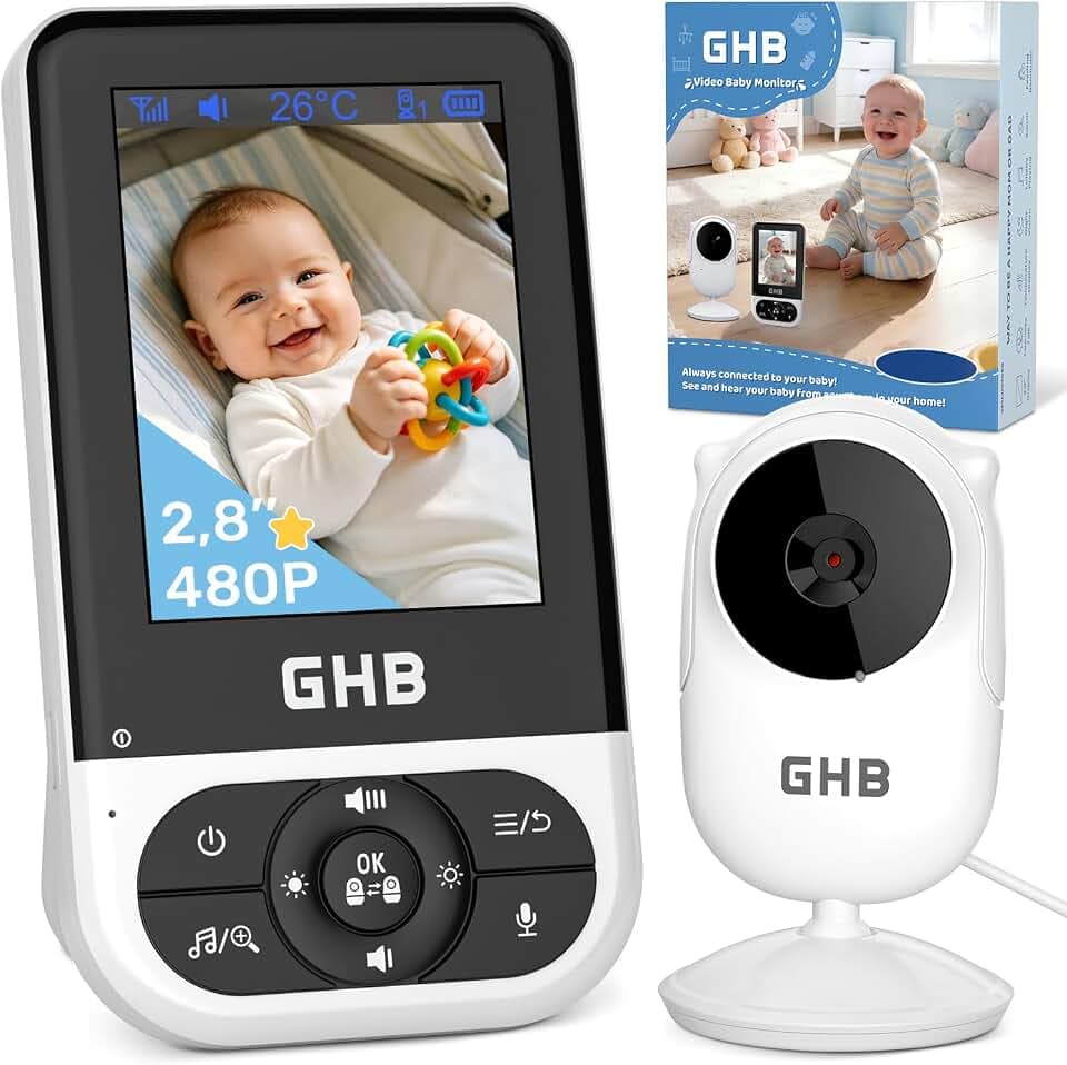 GHB Babyphone Camera Bebe Surveillance VOX Mode Vision Nocturne 2,4 GHz Babyphones sans WiFi Berceuses Capteur de Température Communication Bidirectionnelle Rappels pour Les Repas Noir