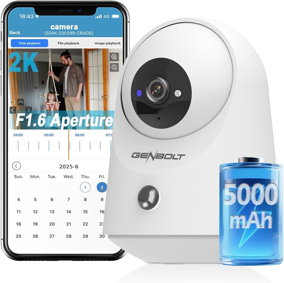 GENBOLT 2K Caméra de sécurité WiFi intérieure, IP caméra | Caméra de surveillance sans fil 2,4/5,8 GHz, batterie 5000 mAh, détection PIR Certifié ClimatePartner