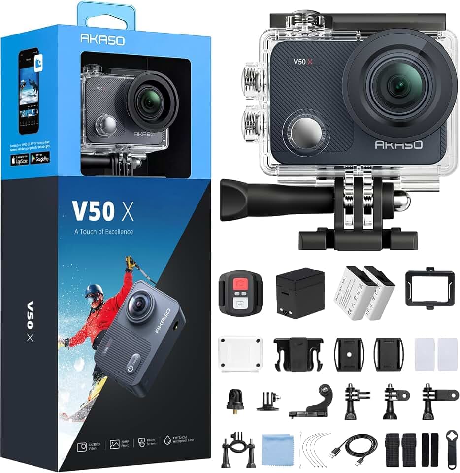 AKASO V50 X Caméra Sport 4K 20MP Etanche WiFi Action Caméra Sportive WiFi | Boîtier 40M, 4K30FPS, Télécommande, Écran Tactile, Stabilisateur EIS, Angle Réglable, 2 Batteries 1350mAh, Kit d'Accessoires Global Recycled Standard