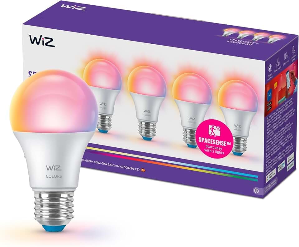 Wiz Smart Bulb, Ampoule LED connecté A60, Lumière multicolore, Pack de 4 | Ampoule Connectée RGB, Équivalent 60W, Intensité Réglable 2200-6500K, Compatible WiZ App, Alexa et HomeKit, Contrôle Vocal