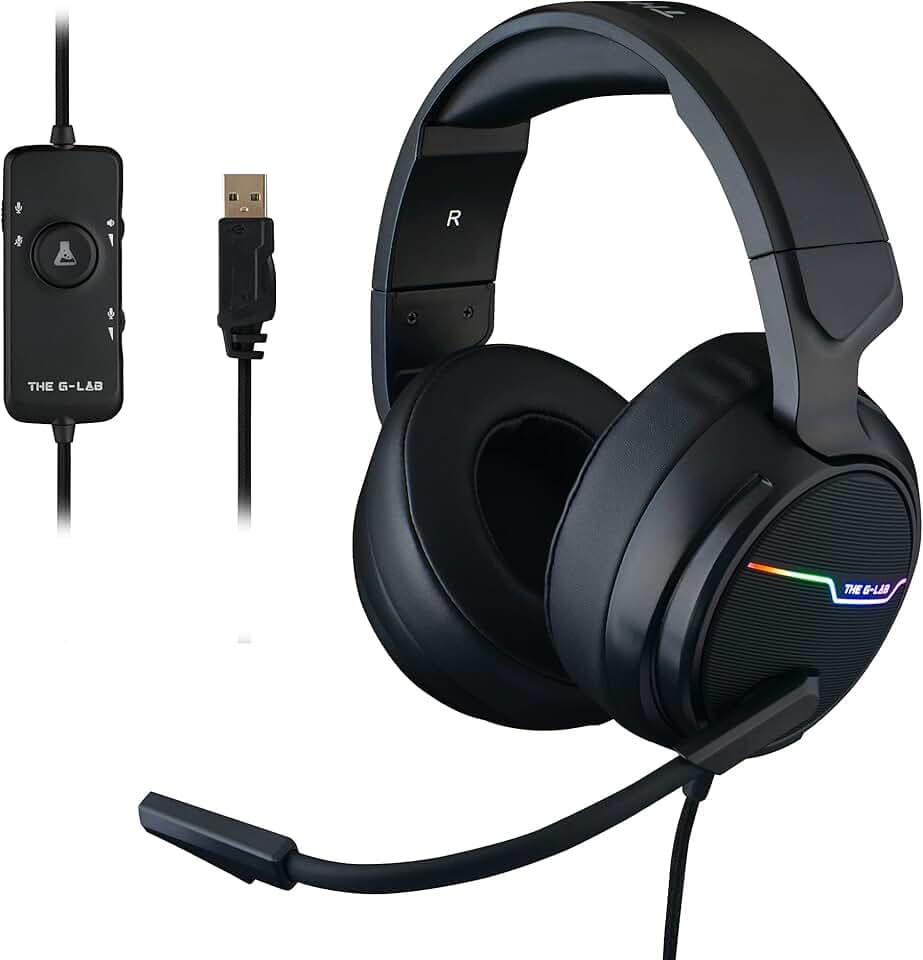 The G-Lab Korp Thallium Casque Gaming USB Son 7.1 Digital Surround - Micro Casque Gamer Audio Haute Qualité - Microphone à réduction de bruits - LED RGB - Compatible PC PS4 PS5 (Noir) | Filaire USB, Son 7.1 Digital Surround, Micro à Réduction de Bruit, LED RGB, Noir, Compatible PC/PS4/Mac