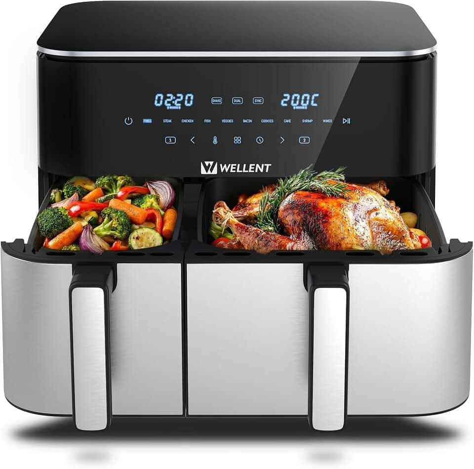11L Air Fryer 2 compartiments(4+7L) - WELLENT 2600W XXL Airfryer avec Dual Zones, 10-in-1 Programmes, Écran Tactile, Fonction Match&Sync, Rappel de Secousse passe au lave-vaisselle