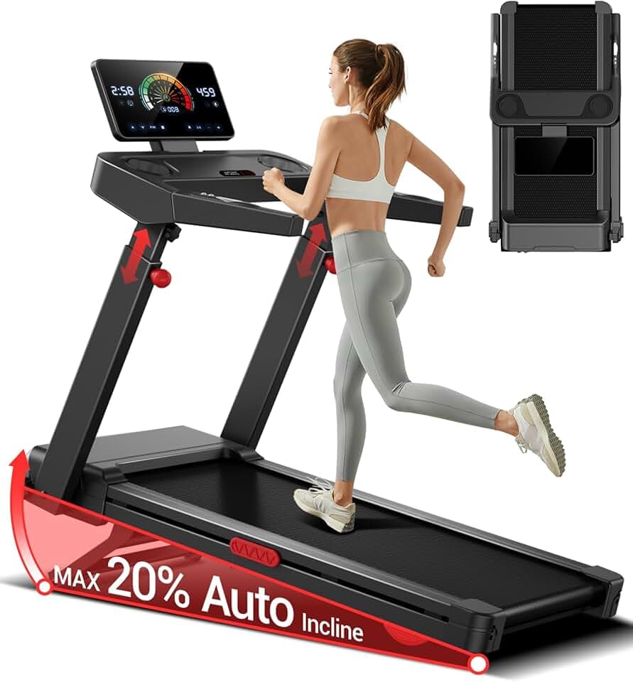 LONTEK Tapis de Course avec Inclinaison Automatique de 20%, 14KM/H Tapis Roulant Pliable avec Console Réglable sur 4 Niveaux, Treadmill avec Moteur 3,5CV et Affichage LED, Charge Max 180KG