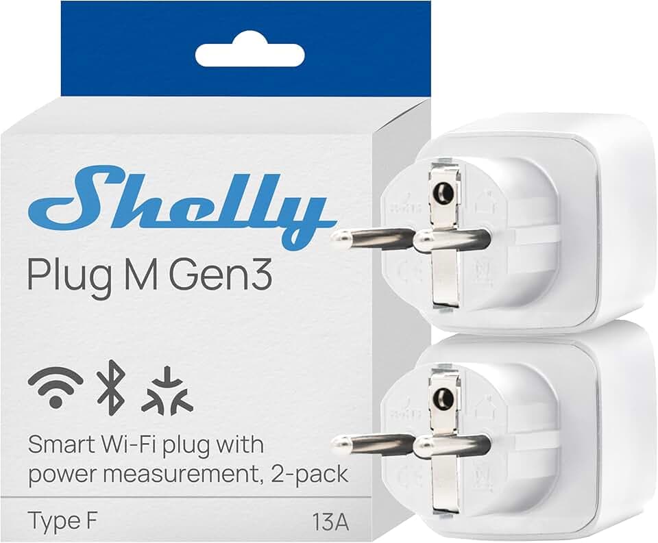 Shelly Plug M Gen3 Blanc – Prise connectée Matter et Wi-Fi, 13A (3000W) Type F, avec Mesure de consommation électrique, Compatible avec Alexa, Google, Home, Apple Homekit - Lot de 2