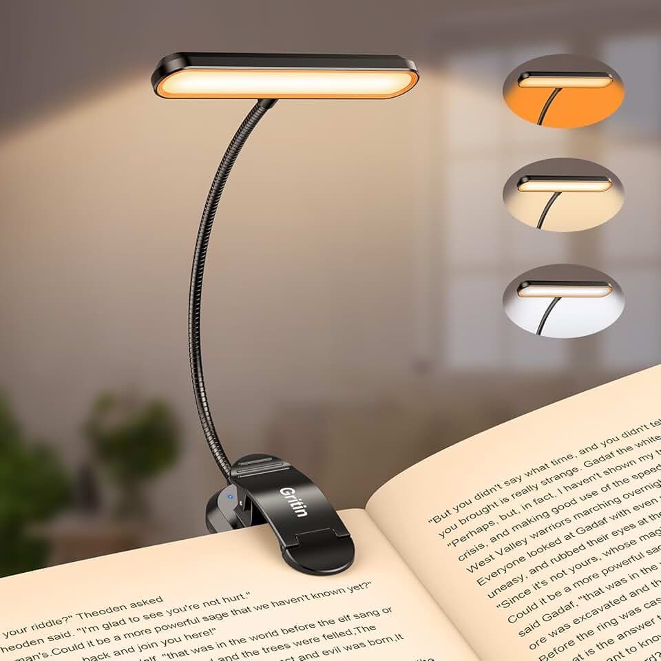 Gritin Lampe de Lecture 19 LED, Liseuse Lampe Clip Rechargeable, Protection des Yeux, 5 Luminosités & 3 Couleurs (Ambre/Blanc/Mixte), 360° Cou Flexible, Longue Durée,Léger & Portable pour Lire au Lit