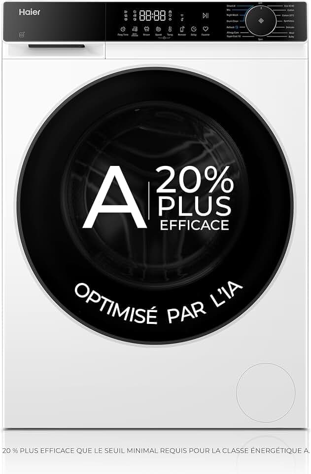 HAIER - Lave-Linge Hublot - Machine à Laver 13kg/1400 trs/min - Classe Énergétique A - 15 Programmes - Fonction Vapeur & Refresh, Silencieux - Blanc - 85 x 60 x 62,1 cm - Modèle HW130-BP14357UFR Étiquetage Énergétique