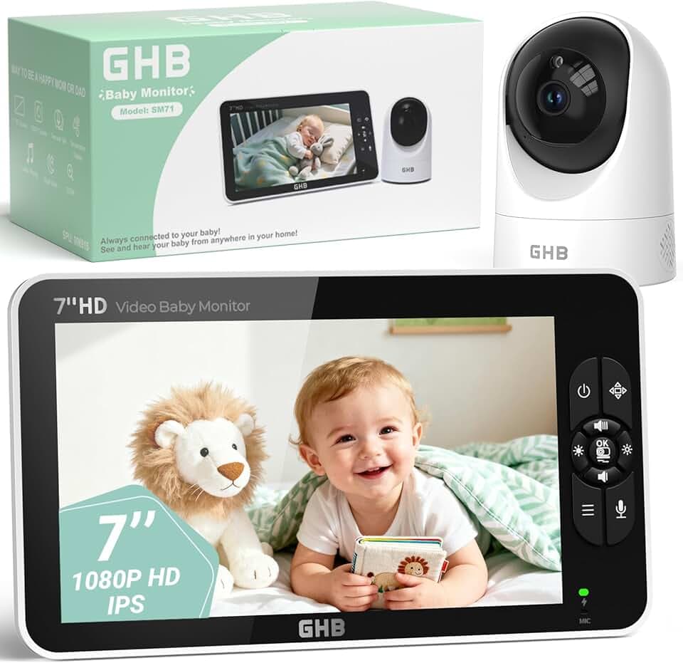 GHB Babyphone Cémera 7" 1080P Caméra Bebe Surveillance 350° Rotation Écran IPS HD Mode VOX 168H Autonomie de la Batterie Audio Bidirectionnel Alerte de Température 8 Berceuses
