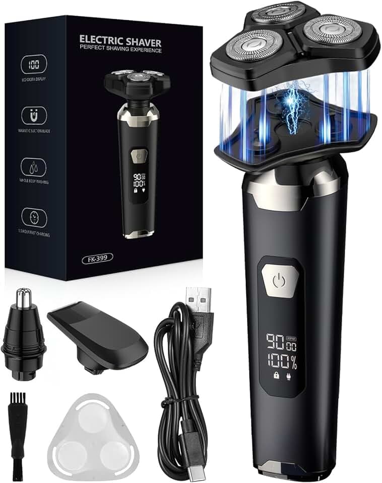 Rasoir Électrique Homme 4D Magnétique à 3 Têtes Flottante,Tondeuse Barbe Étanche IPX6 Humide/Sec avec Écran LCD, 90 Min d'Autonomie, USB-C à Charge Rapide, Rasoir Portable pour Voyage et Maison