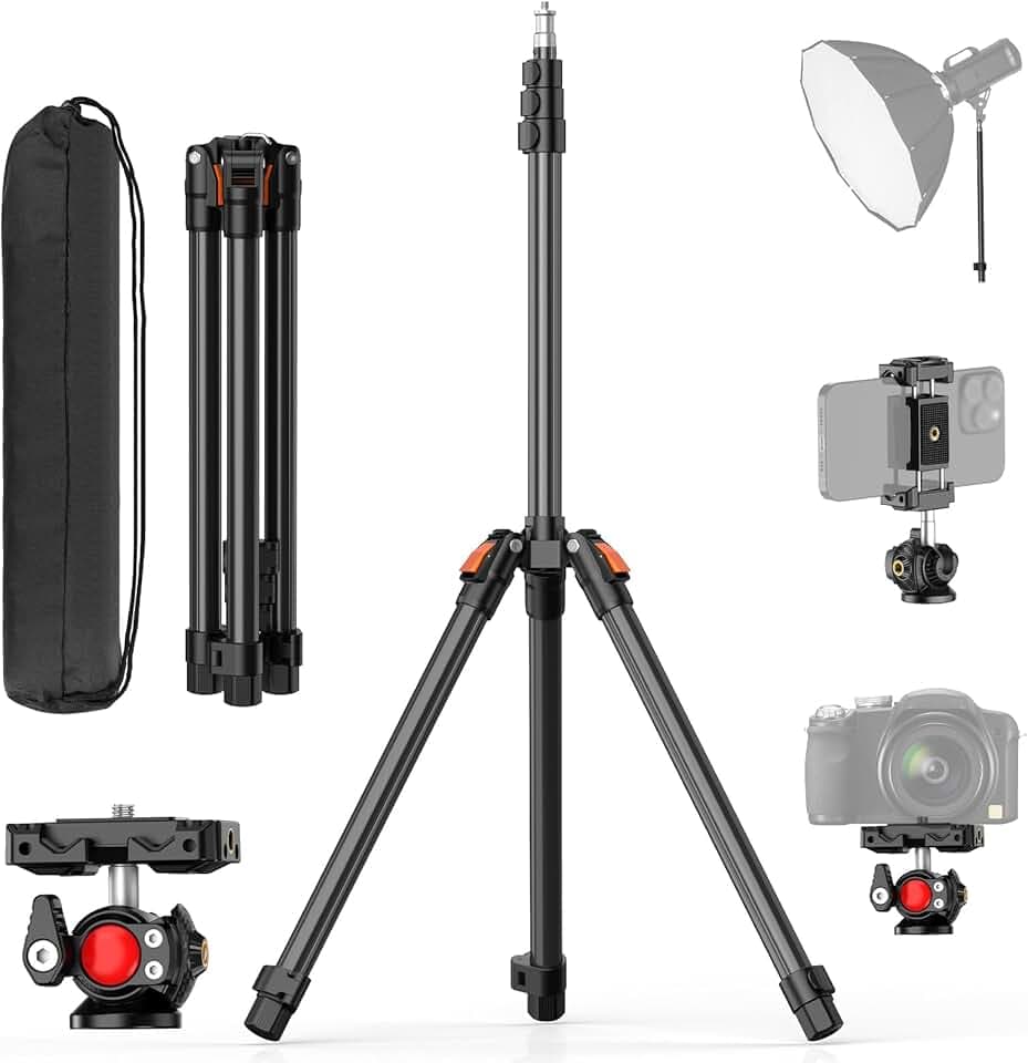 XXZU 210cm Trépied de Lampe avec Rotule, Support d'éclairage Trépied Pliant Réversible pour Studio Photographie Charge 4kg pour Softbox/Réflecteur/Lumière/Flash/Appareil Photo/Téléphone Global Recycled Standard