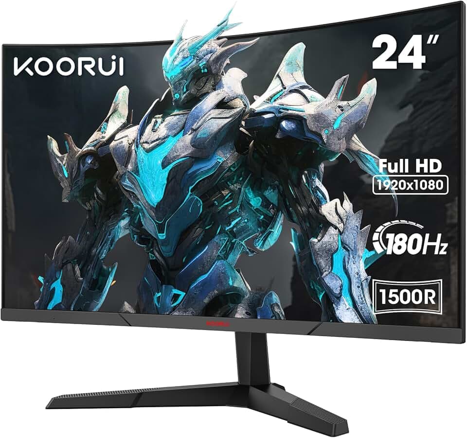 KOORUI 24'' Ecran PC Gamer Incurvé, 180Hz 1ms FHD PC Moniteur Gaming 1500R, Adaptive Sync VESA 100x100mm, Inclinaison réglable, HDMI2.0/DP1.2