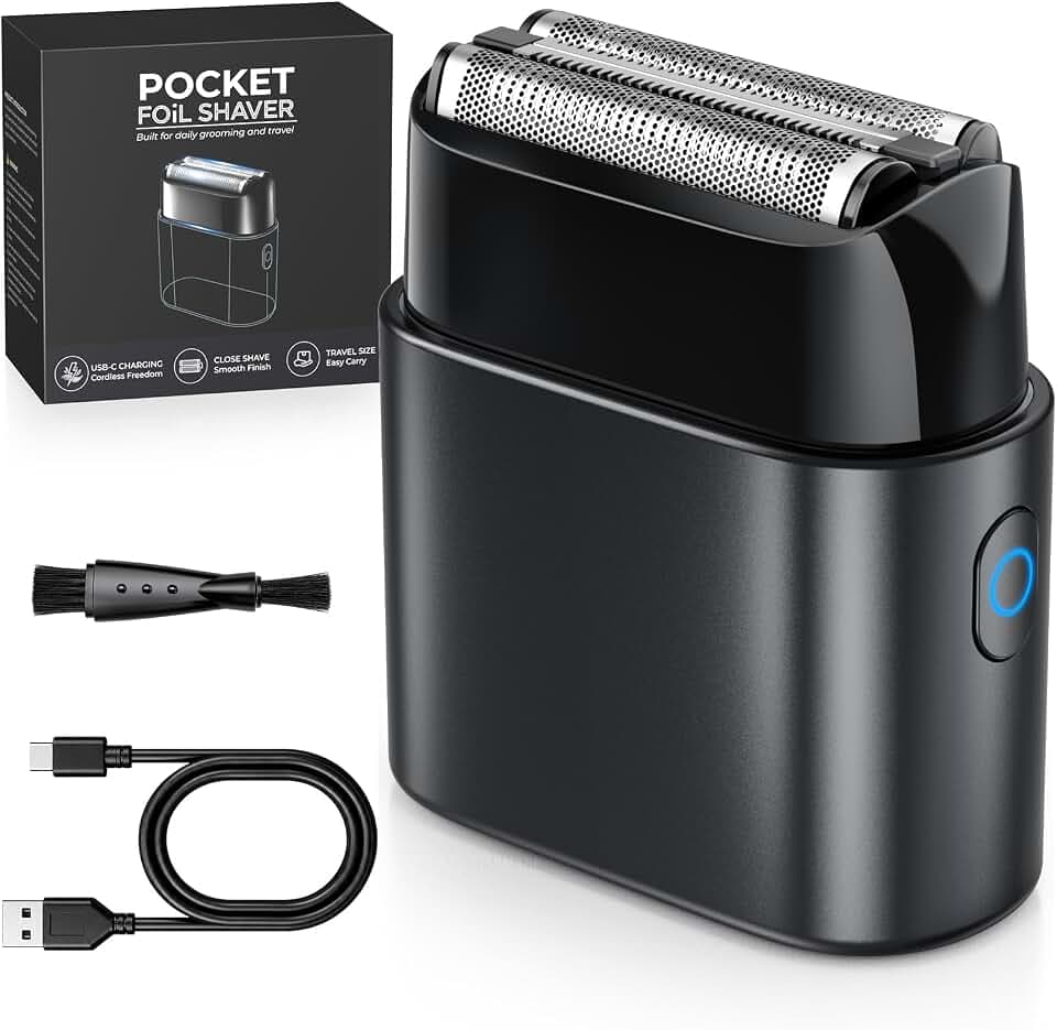 Haokoo Rasoir Électrique Homme À Grille, Mini Rasoir Voyage 90g | Grille Ultra-Fine 0,05mm, 3 Éléments De Coupe, IPX7 Étanche, USB-C, 90 Min D’Autonomie, Rasage Sec & Humide