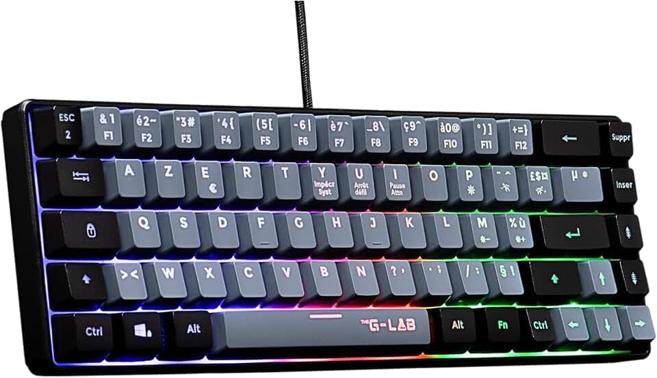 The G-Lab - Keyz Hydrogen, Clavier Gamer 60%, Semi-mécanique USB AZERTY FR, RGB Multicolore, Clavier Gamer Silencieux, Format Compact TKL- Pc/ps4/ Ps5 - New - Gris et Noir
