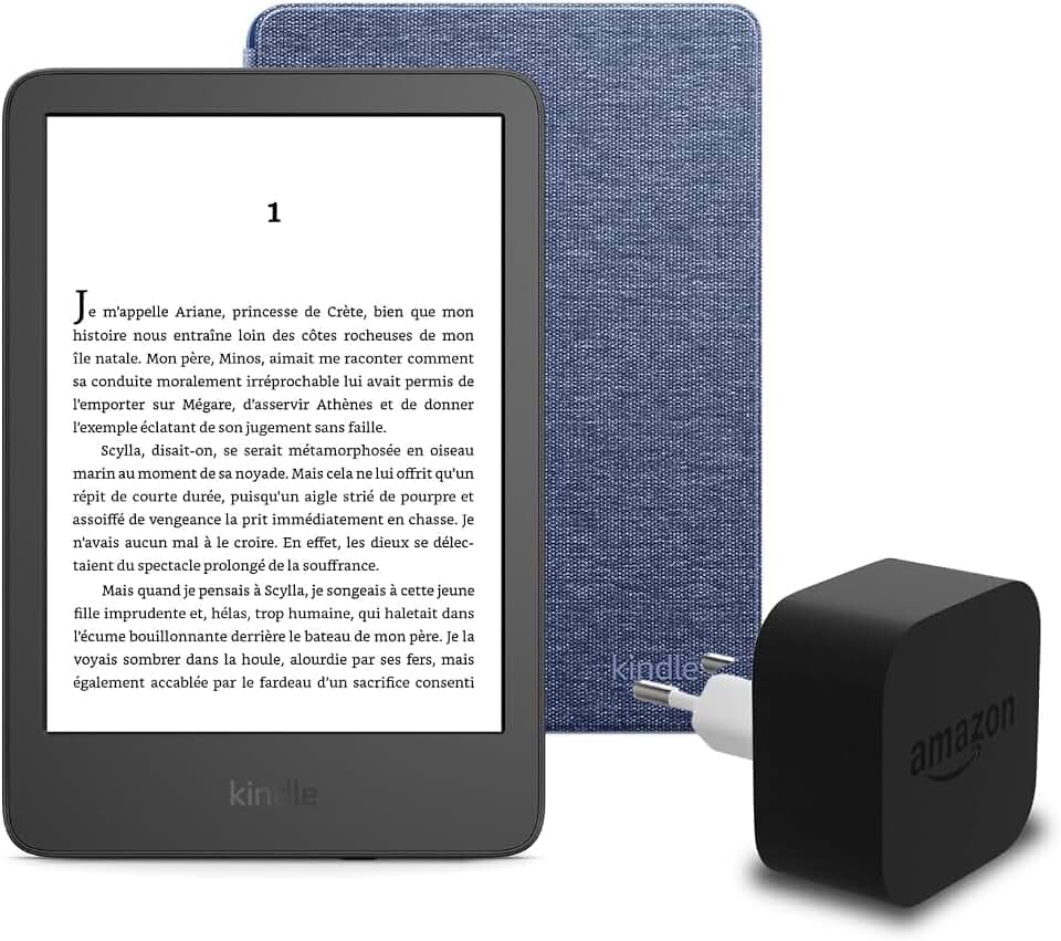 Le nouveau Kindle (version 2024) 16 GB sans publicité, une housse en tissu Amazon et un adaptateur secteur Amazon Powerfast 9 W.