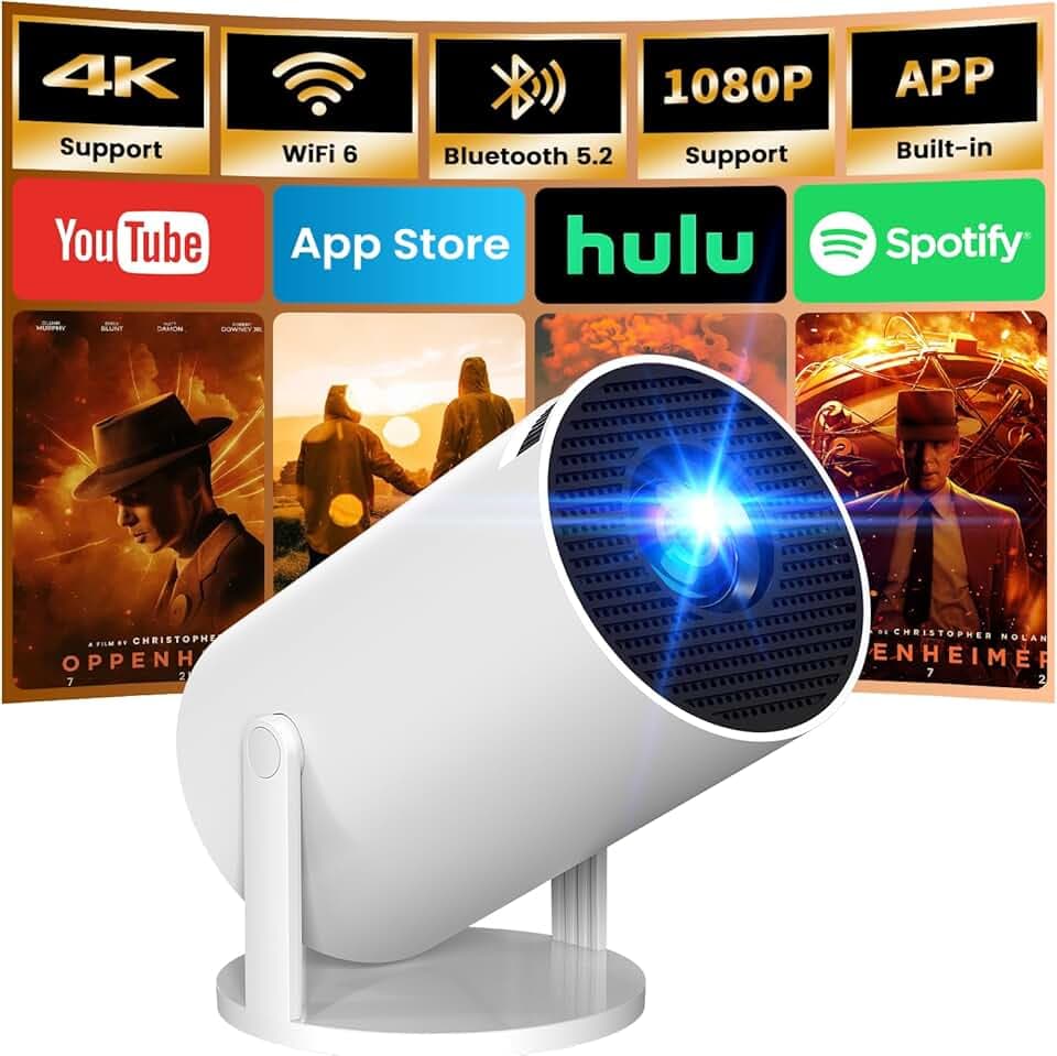 [App intégrée] Vidéoprojecteur 4K 1080P, Mini Projecteur Portable 180° Rotation WiFi 6 BT 5.4, Projecteur Full HD 1080P Auto Correction Trapézoïdale Horizontale