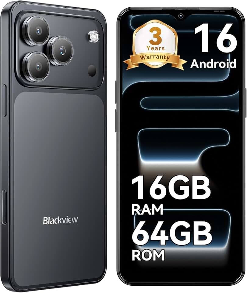 Blackview Wave 7C Telephone Portable Android 16 Smartphones, 16Go+64Go/2To, 32MP+13MP, 5000mAh, 6.56" Smartphon Pas Cher 4G Dual SIM, Téléphone WiFi 5G/GPS/IP54/3 Card Slots/3.5mm/FM/3Ans Garantie | Android 16