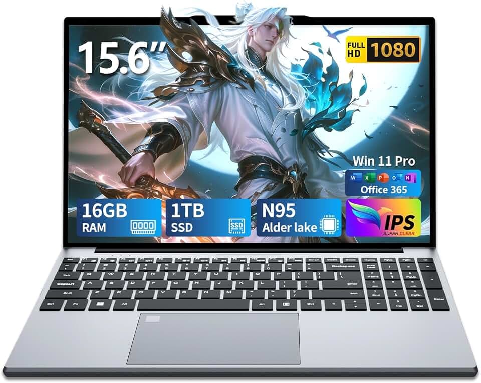 Ordinateur Portable Win 11, 15,6 Pouces PC Portable 16Go RAM DDR4 1To SSD, 1080P Écran Laptop con Office 365, Celeron N95 CPU, Déverrouillage Empreinte/Clavier Rétro-éclairé, Webcam/BT4.2/USB3.0
