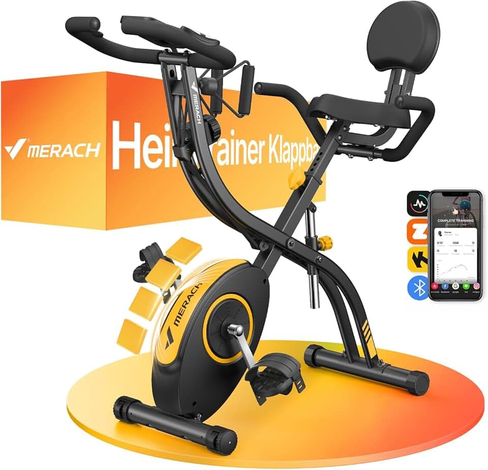 MERACH Velo D Appartement Silencieux avec App Entraînement, 4 en 1 Vélo D’Appartement Pliable avec Résistance Magnétique 16 Niveaux, Écran LCD, Mesure du Pouls, Bande de Résistance, Selle Confortable
