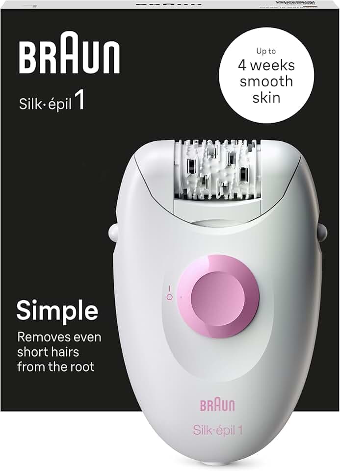 Braun Silk Épilateur 1 1-010 avec câble pour l'élimination des poils, semaines, peau douce, blanc/rose