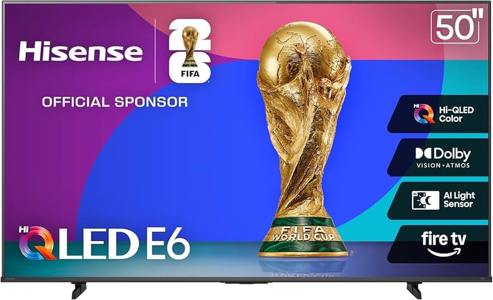 Hisense Téléviseur Intelligent Fire TV Classe E6 50" QLED 4K UHD (50E6QF, modèle 2025) – QLED, capteur de lumière AI, Dolby Vision · Atmos, télécommande vocale avec Alexa, taux de Mouvement 120