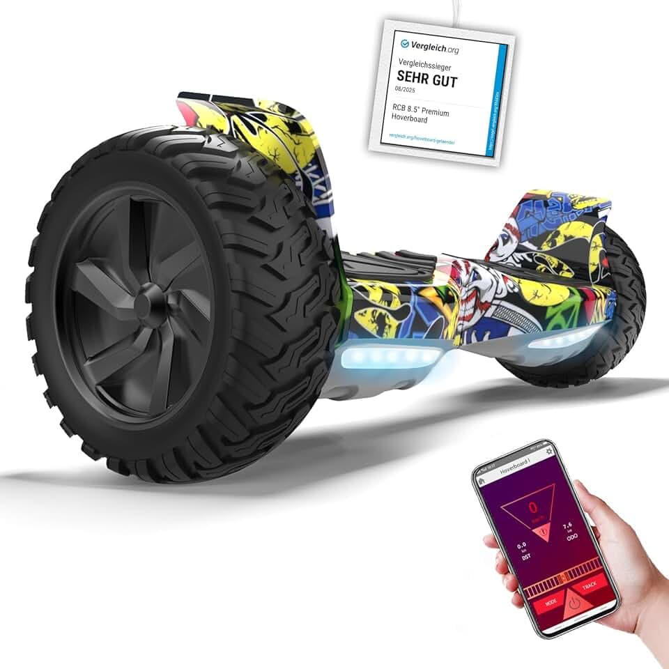RCB Hoverboard 8,5" Tout Terrain, APP contrôle, LED Bluetooth intégrée avec Moteur Puissant, Hover Board Auto-équilibrant, Cadeau pour Adolescents & Adultes