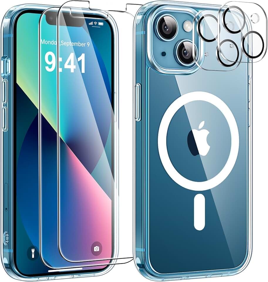 5 in 1 Coque pour iPhone 13 Aimantée avec 2 Verres Trempés et 2 Caméra Protecteur, Compatible MagSafe Dos Anti Rayures Coque Magnétique Antichoc TPU Bumper 6,1’’ Case (Transparent)