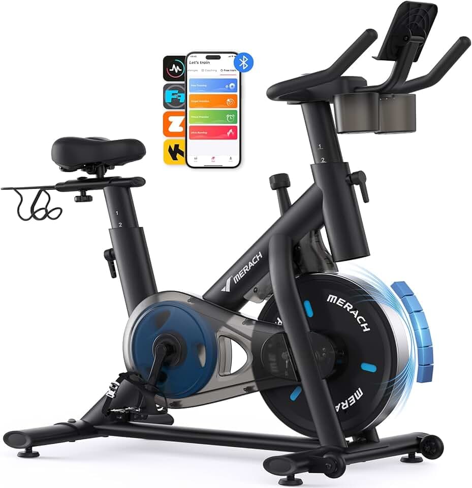 MERACH Vélo d'Appartement pour la Maison - Vélo de Fitness d'Intérieur Silencieux avec Résistance Réglable, Écran LCD, Siège Confortable, pour Entraînement Cardio, App Exclusive, Capacité Max 136KG Recycled Claim Standard 100