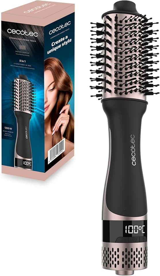 Cecotec Brosse à Air avec Écran Ceramic Care Unique Touch. 1200W, Sèche, Démêle, Lisse, Donne du Volume et Façonne, 4 Températures, Élimine les Frisottis, Tête en Céramique