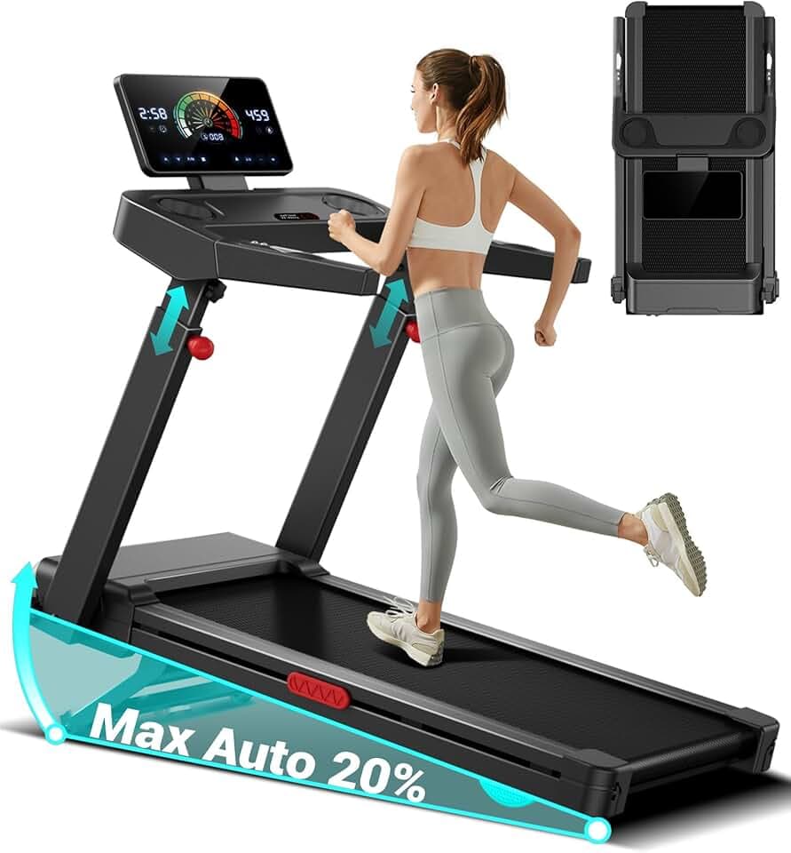 UMAY Tapis de Course avec Inclinaison Automatique de 20%, 14KM/H Tapis Roulant Pliable avec Console Réglable sur 4 Niveaux, 3,5CV Treadmill Home avec Affichage LED, Silencieux, Charge Max 180KG