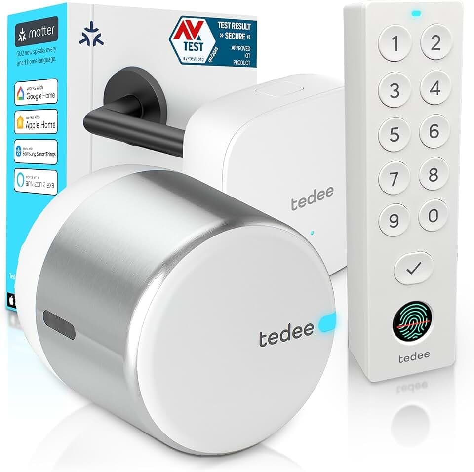 tedee GO2 Alu Serrure connectée avec WiFi et clavier biométrique à empreintes digitales pour un accès à distance, Alexa Google Smart Home Smart Lock avec App et Bluetooth